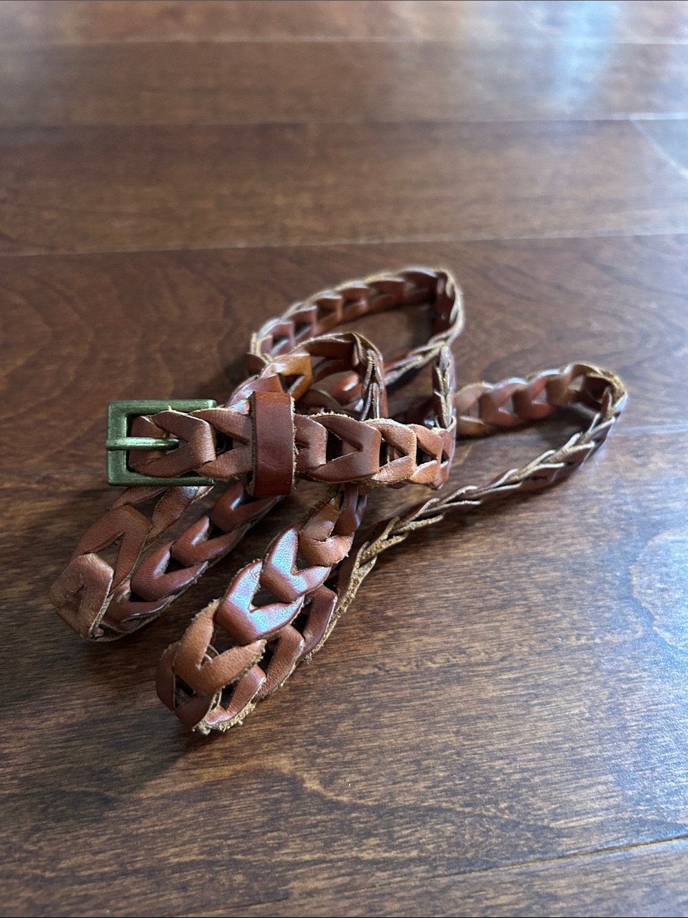 Skinny Braided Brown Leather Belt with Antique Brass Buckle, Size Large